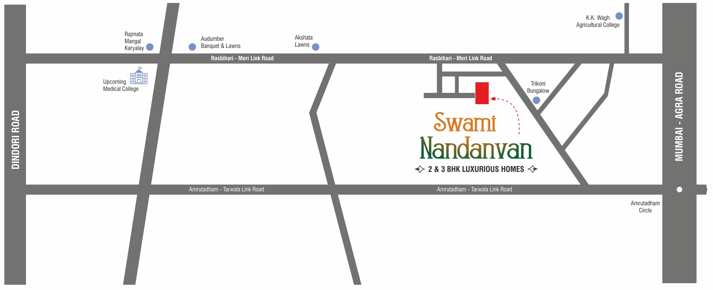 Brochure location map showing Swami Nandanvan between Dindori Road and Mumbai - Agra Road
