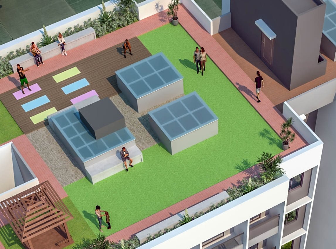Render of the green terrace lawn and skylights