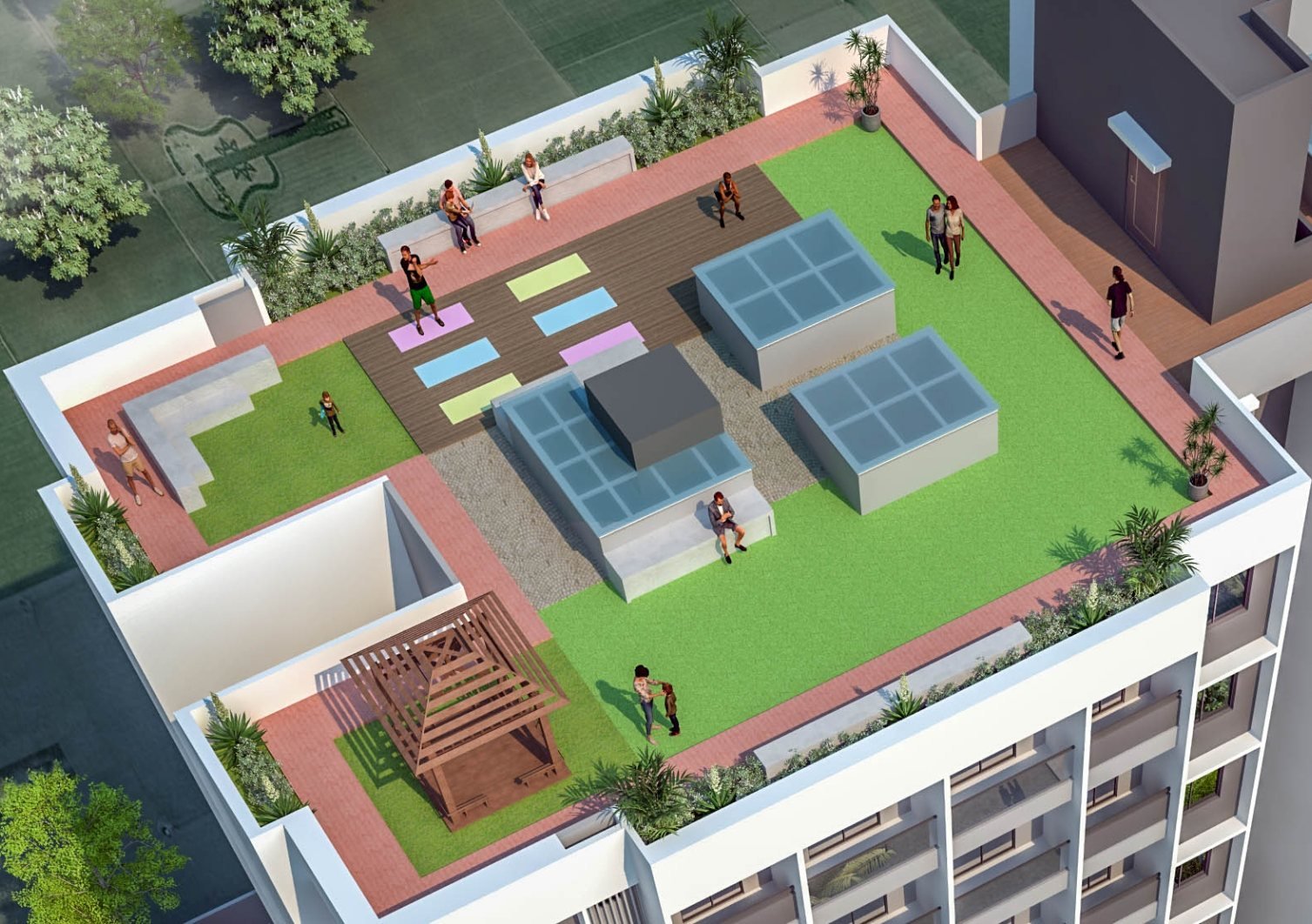 Render of the terrace with a paved walkway around the lawn