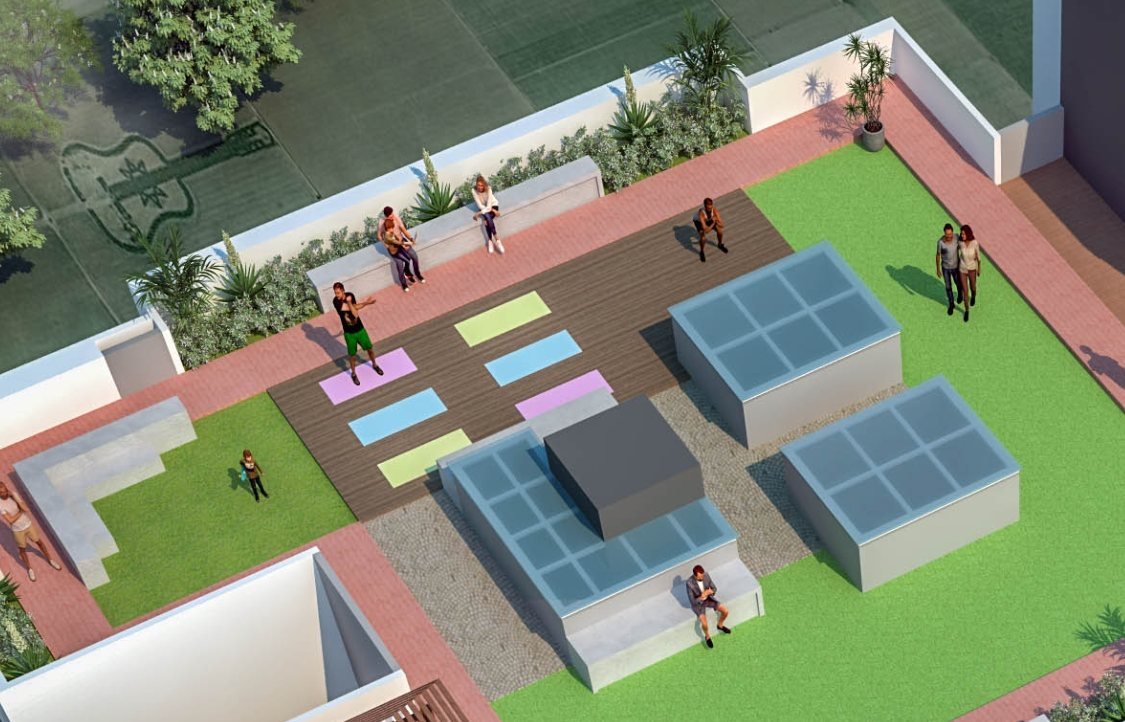 Render of the terrace with yoga mats laid out on a timber deck